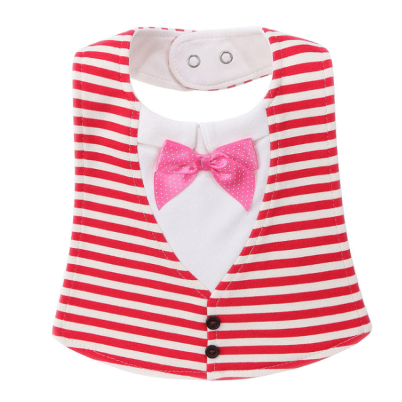 Striped baby bib resembling a formal vest with red and white stripes, black buttons, and a pink bow tie. Snap closures at the neck for easy fastening.