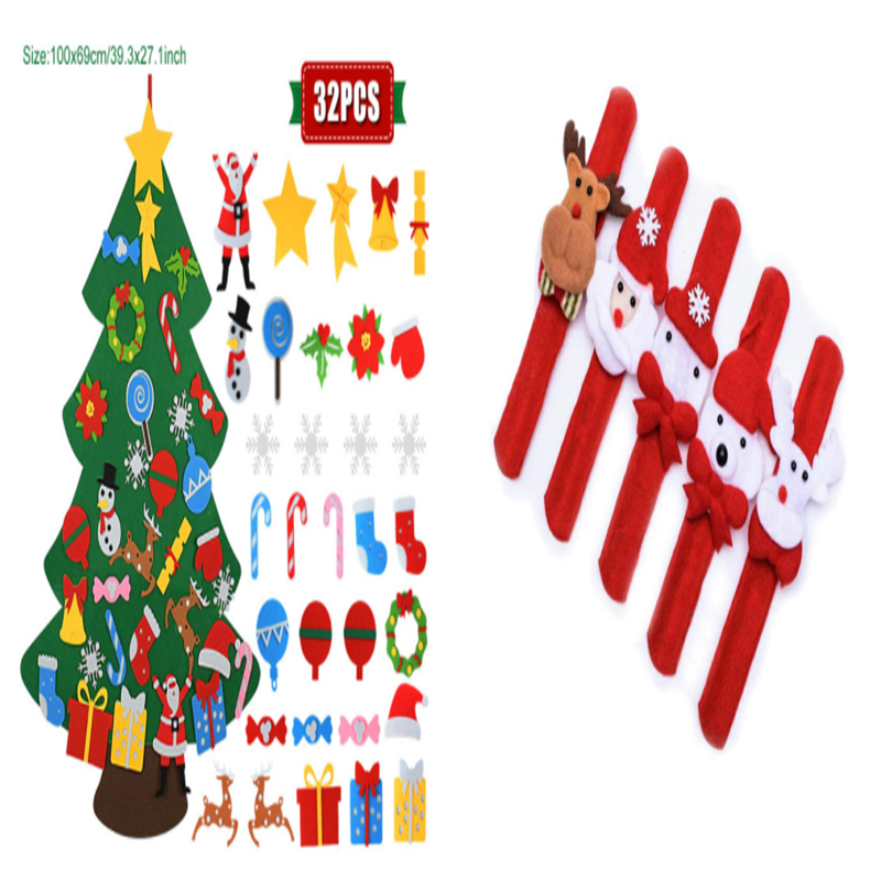 Felt Christmas tree with 32 decoration pieces including Santa, snowmen, and gifts on the left; four red wristbands with festive felt figures like reindeer and Santa on the right.