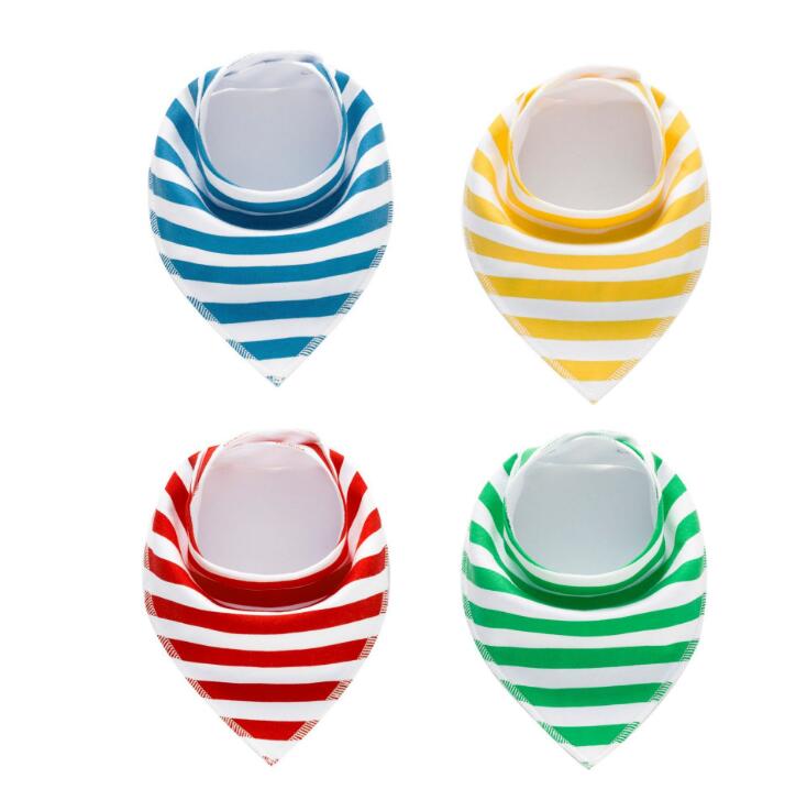 Four striped baby bandana bibs in blue, yellow, red, and green arranged in a square. Each bib has white alternating stripes and a rounded neck opening.