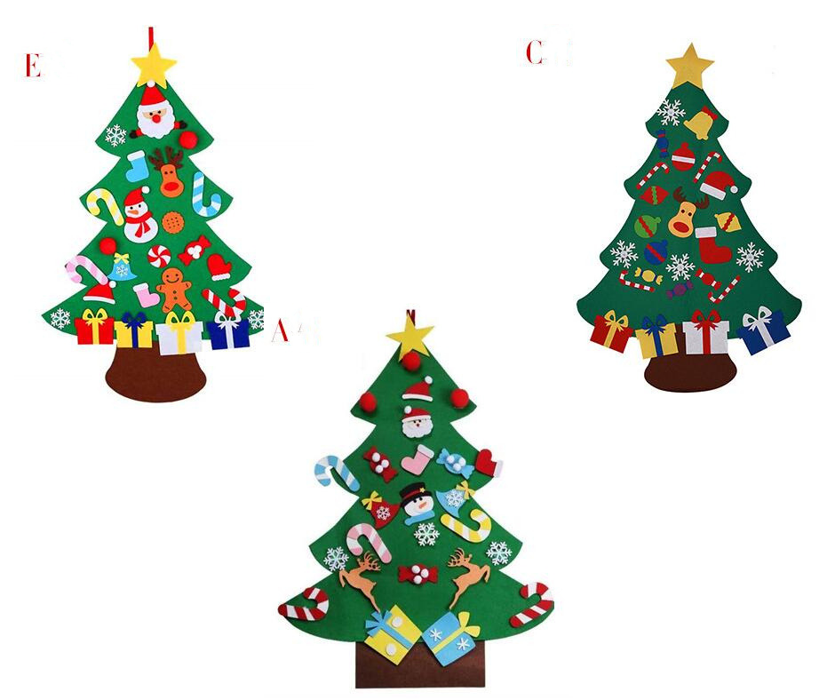Three felt Christmas trees adorned with colorful decorations like Santa, candy canes, and gifts. Each tree has a star on top and various ornaments and presents below.