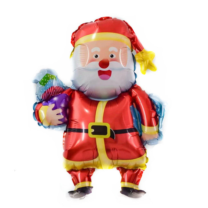 Inflatable Santa Claus balloon in a red suit and hat, holding a colorful sack. Santa has a cheerful expression, with a fluffy white beard and black boots.