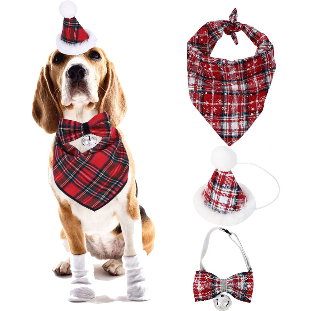Beagle wearing a plaid Santa hat, bow tie with bell, bandana, and white socks. Accessories include similar plaid bandana, hat, and bow tie on the side against a white background.
