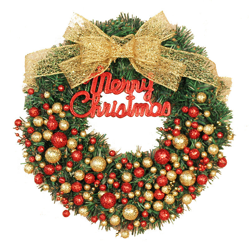Festive Christmas wreath adorned with a gold bow, red and gold glittery baubles, and a red "Merry Christmas" sign in the center.