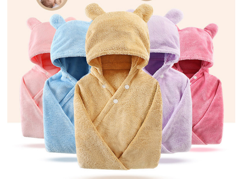 Five hooded baby towels in pastel colors—pink, blue, yellow, purple, and red—displayed in a row. Each towel features bear ears and snap closures.