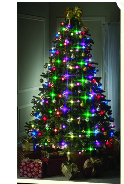 A decorated Christmas tree with colorful lights and ornaments stands in a room. Wrapped gifts with bows are placed underneath. A gold bow tops the tree.