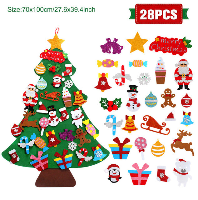 Felt Christmas tree with detachable decorations including Santa, reindeer, snowman, and ornaments, totaling 28 pieces. The size of the tree is 70x100cm (27.6x39.4 inches).