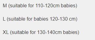 Text listing sizes for babies: M for 110-120cm, L for 120-130cm, XL for 130-140cm.