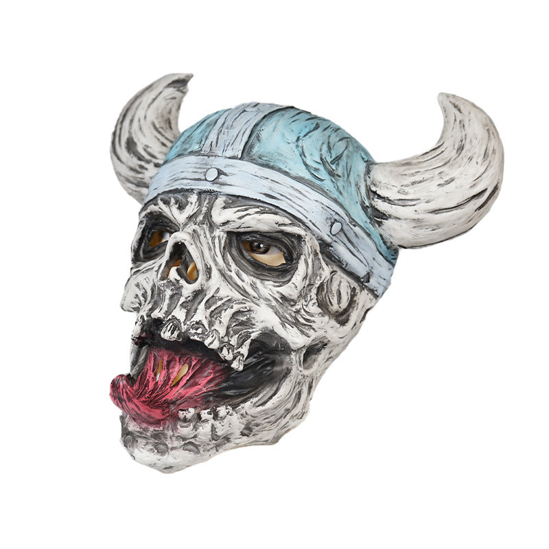 Halloween skull mask with horned Viking helmet, hollow eyes, and a red tongue. The detailed texture and expression create a spooky and fierce appearance.