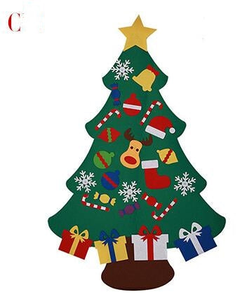 Illustrated Christmas tree with a yellow star on top, decorated with colorful ornaments including reindeer, snowflakes, candy canes, and surrounded by wrapped gifts at the base.
