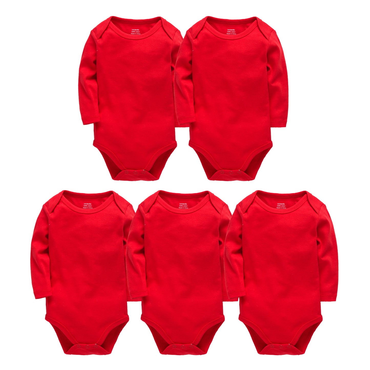 Five bright red long-sleeve baby bodysuits are arranged in a pyramid pattern. Each has a round neckline and crotch snap closure.