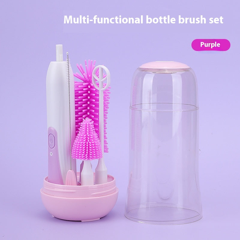 Purple multi-functional bottle brush set with a handle, various pink brushes, and a clear storage container. The background is light purple, emphasizing the set's vibrant colors.