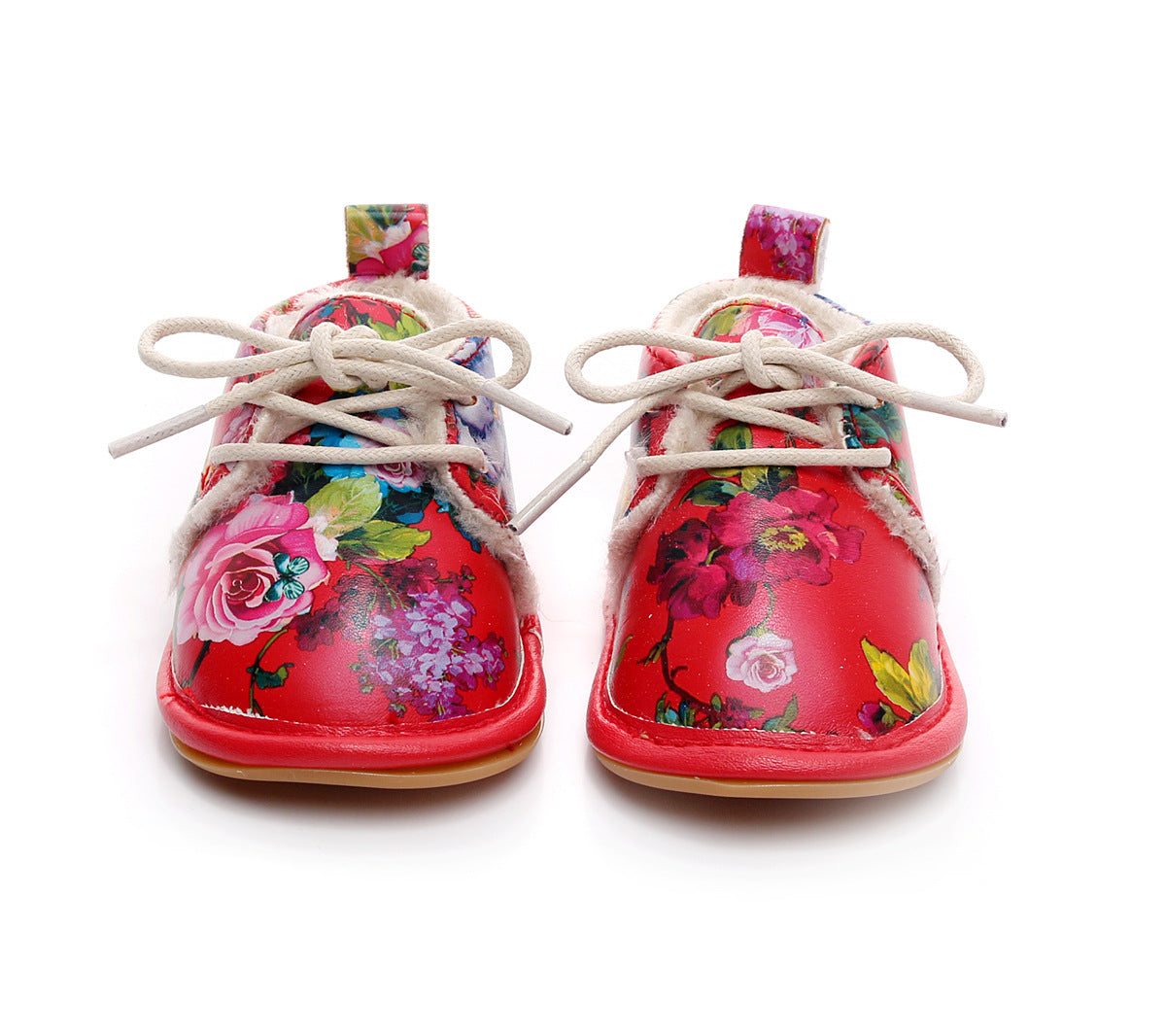 Bright red floral toddler shoes with colorful flower patterns and white laces, featuring a warm fleece lining and a pull tab at the heel, set against a white background.