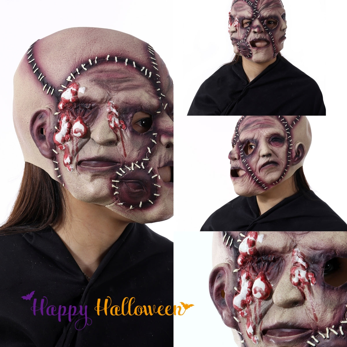 A person wears a detailed horror mask with sewn-like stitches, exposed teeth, and bloody textures. Three angles are shown against a plain background with "Happy Halloween" text.
