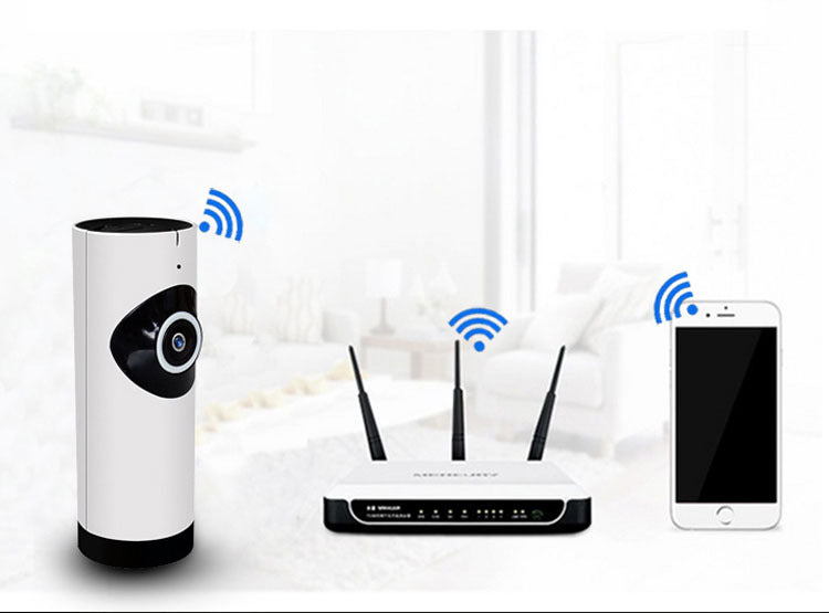 Smart home setup featuring a cylindrical smart camera, a Wi-Fi router with three antennas, and a smartphone, all connected wirelessly, in a bright living room.
