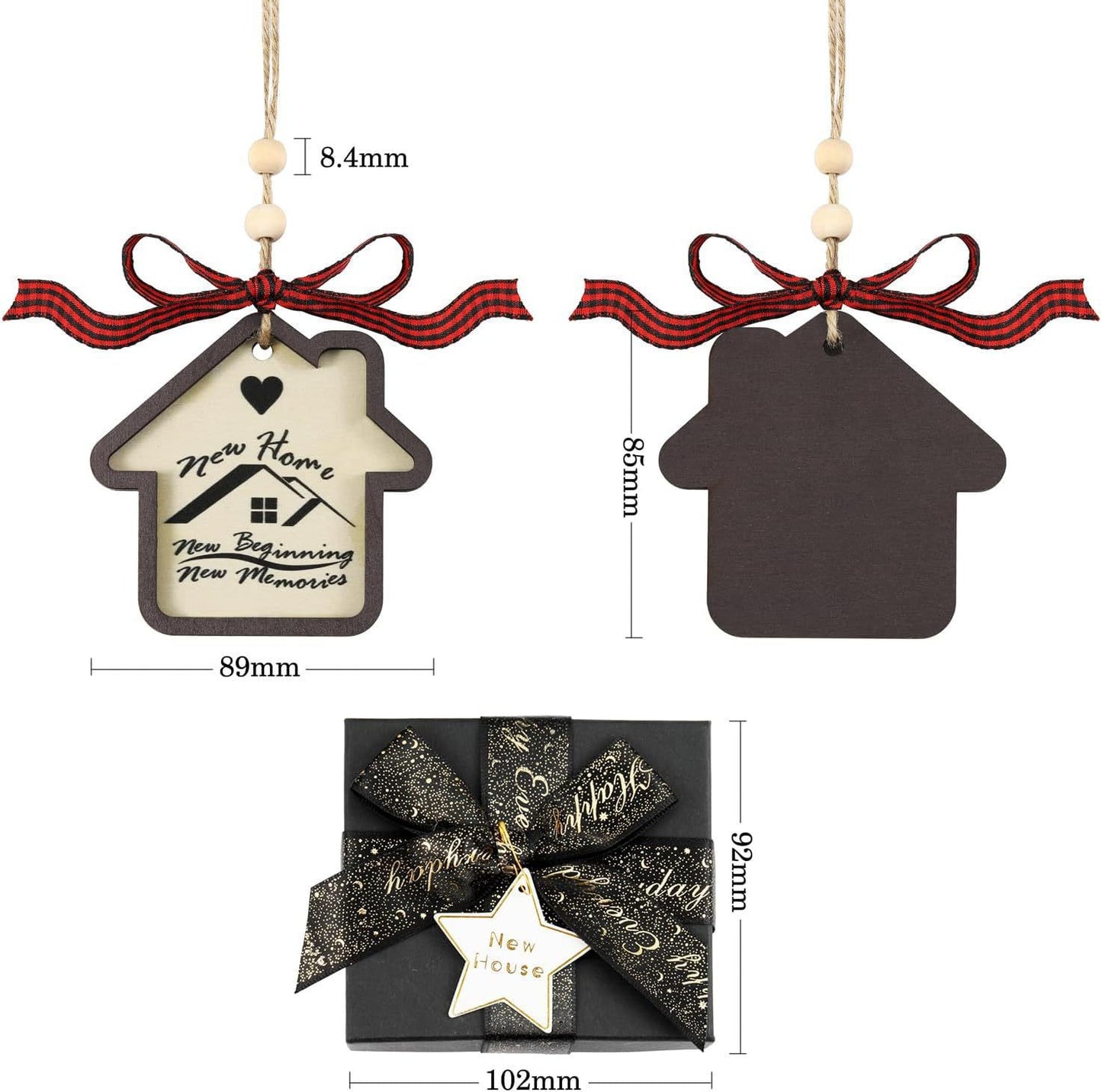 House-shaped ornaments with "New Home, New Beginning, New Memories" text, red plaid ribbons, and a black gift box with gold star reading "New House." Dimensions shown in millimeters.