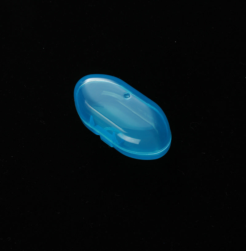 Blue oval-shaped plastic case on black background, featuring a glossy surface with a small circular indentation near the center.