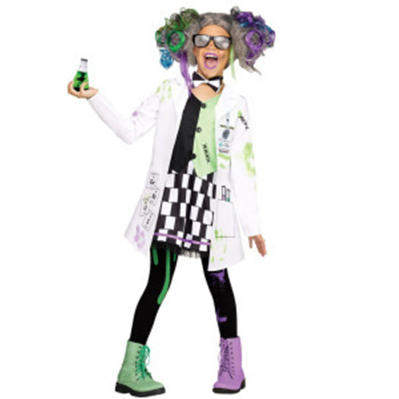 Child in a colorful mad scientist costume, wearing a white lab coat with patterns, black and white dress, mismatched boots, large glasses, holding a green potion, and sporting wild hair.