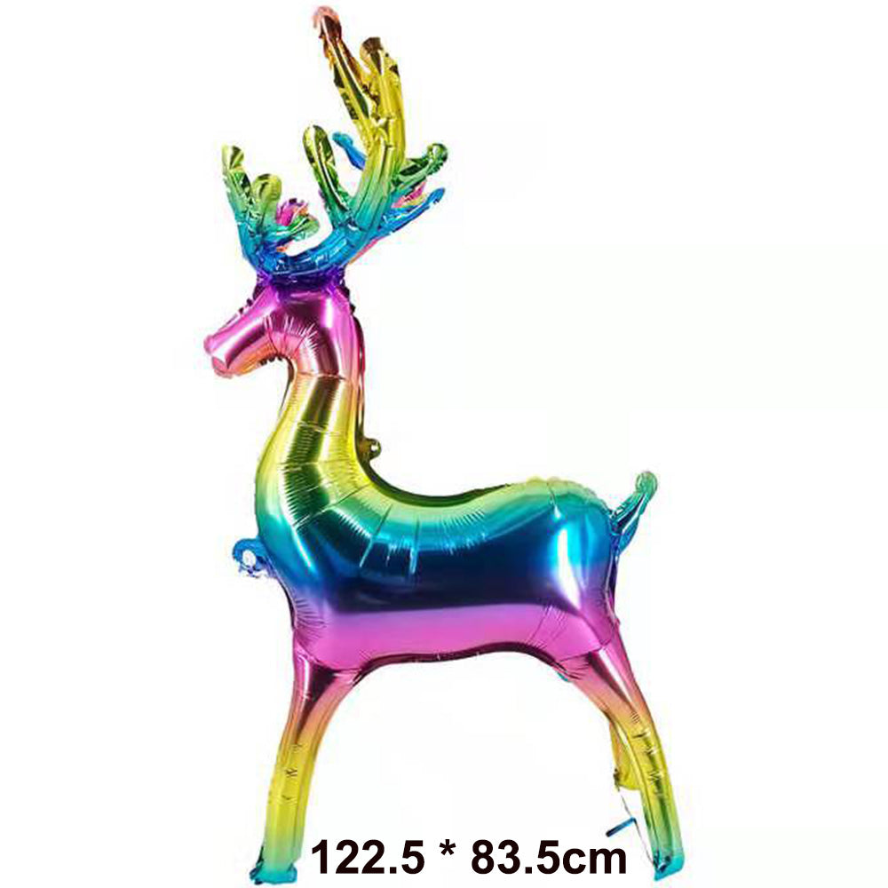 Rainbow-colored deer balloon with antlers, measuring 122.5 x 83.5 cm, stands upright against a white background.