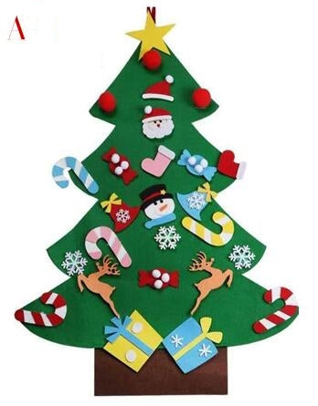 A felt Christmas tree with decorative ornaments including reindeer, candy canes, snowflakes, Santa, snowman, and colorful presents, topped with a yellow star.