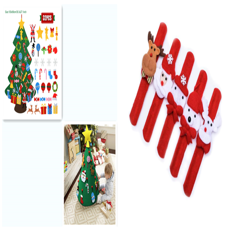 A felt Christmas tree kit with 32 ornaments and an image of a child decorating a felt tree. Adjacent are red slap bands featuring a reindeer, snowman, Santa, and polar bear.