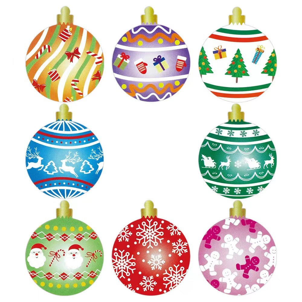 Eight colorful Christmas ornaments with various patterns, including candy canes, gifts, trees, reindeer, Santa, and snowflakes, set against a white background.