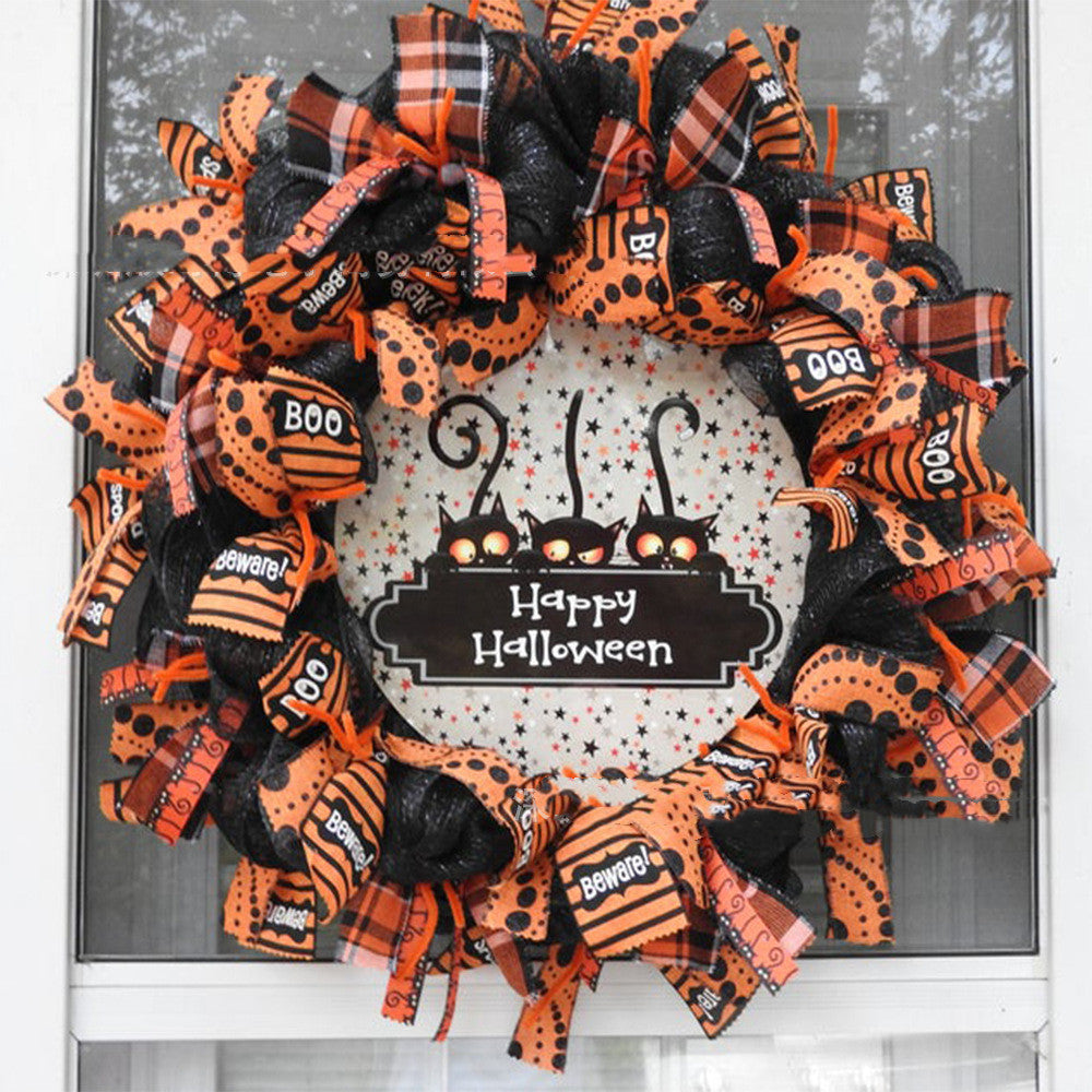 Halloween Pumpkin Black Cat Wreath
