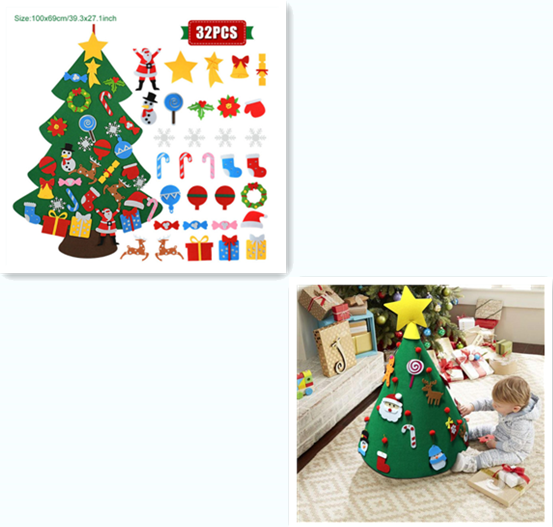 Set of 32 felt Christmas tree decorations including Santa and reindeer. A child sits by a felt tree adorned with ornaments, smiling in a festive living room setting.