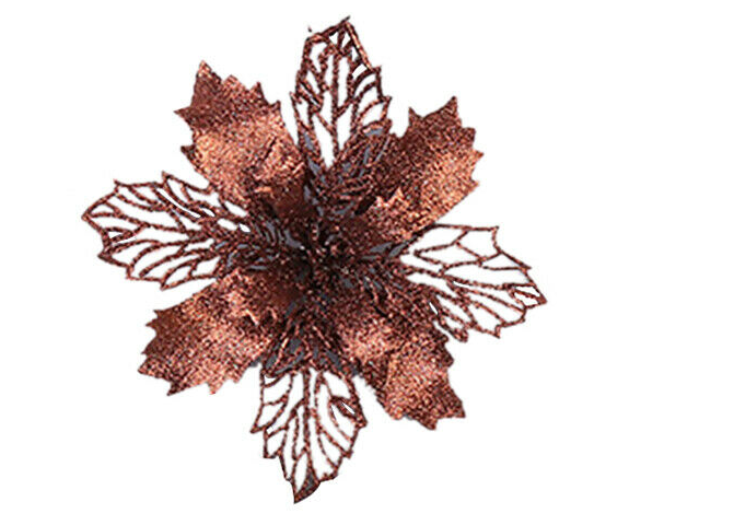 Bronze metallic poinsettia ornament with intricate veined petals and cut-out leaf designs, set against a white background.