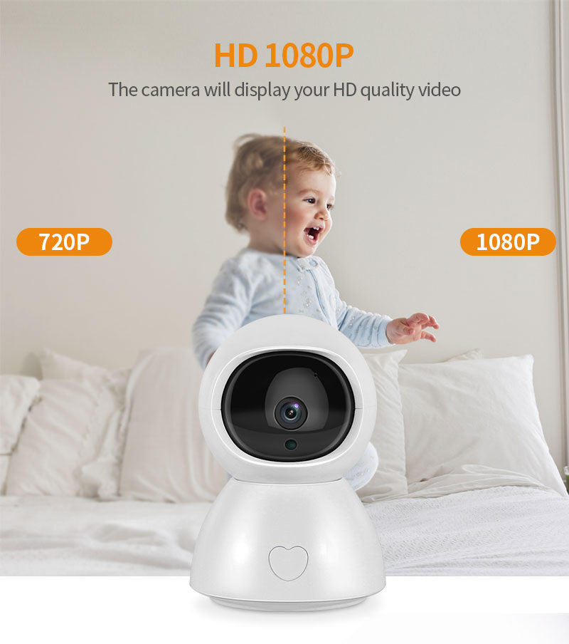 A baby monitor camera with a heart design shows a child in pajamas on a bed. Text highlights HD 1080P quality compared to 720P, emphasizing clear video footage.