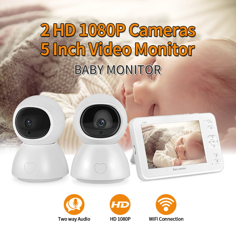 Two white HD 1080P cameras and a 5-inch video monitor display a sleeping baby. Text highlights features: two-way audio, HD video, and WiFi connectivity.