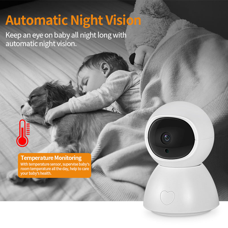 A sleeping child cuddles a dog, with a teddy bear nearby. Text highlights automatic night vision and temperature monitoring. A white baby monitor is in the foreground.
