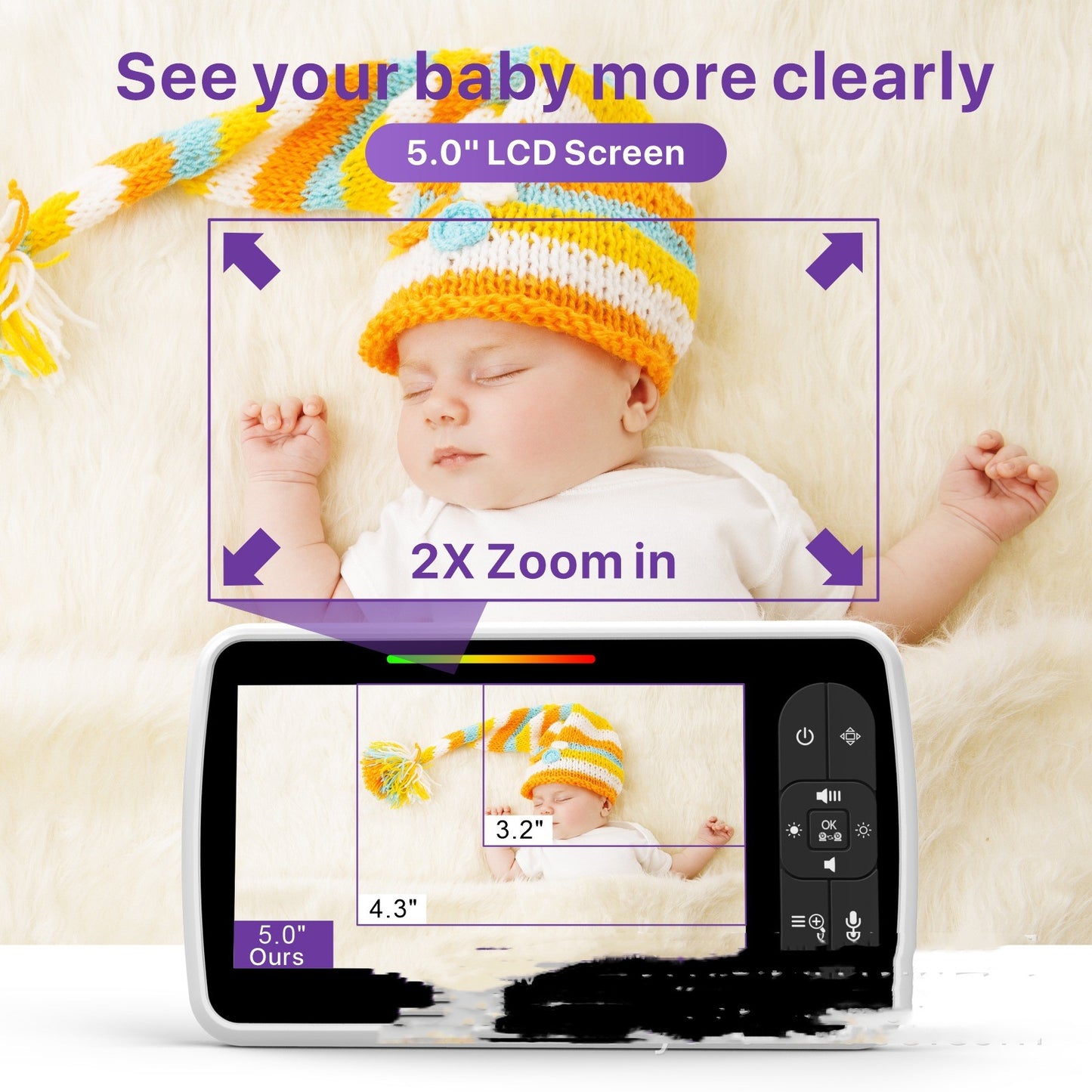 A baby sleeps on a fluffy surface wearing a yellow, white, and blue hat. The image highlights a 5.0" LCD screen with 2X zoom, displaying a captured photo of the baby.