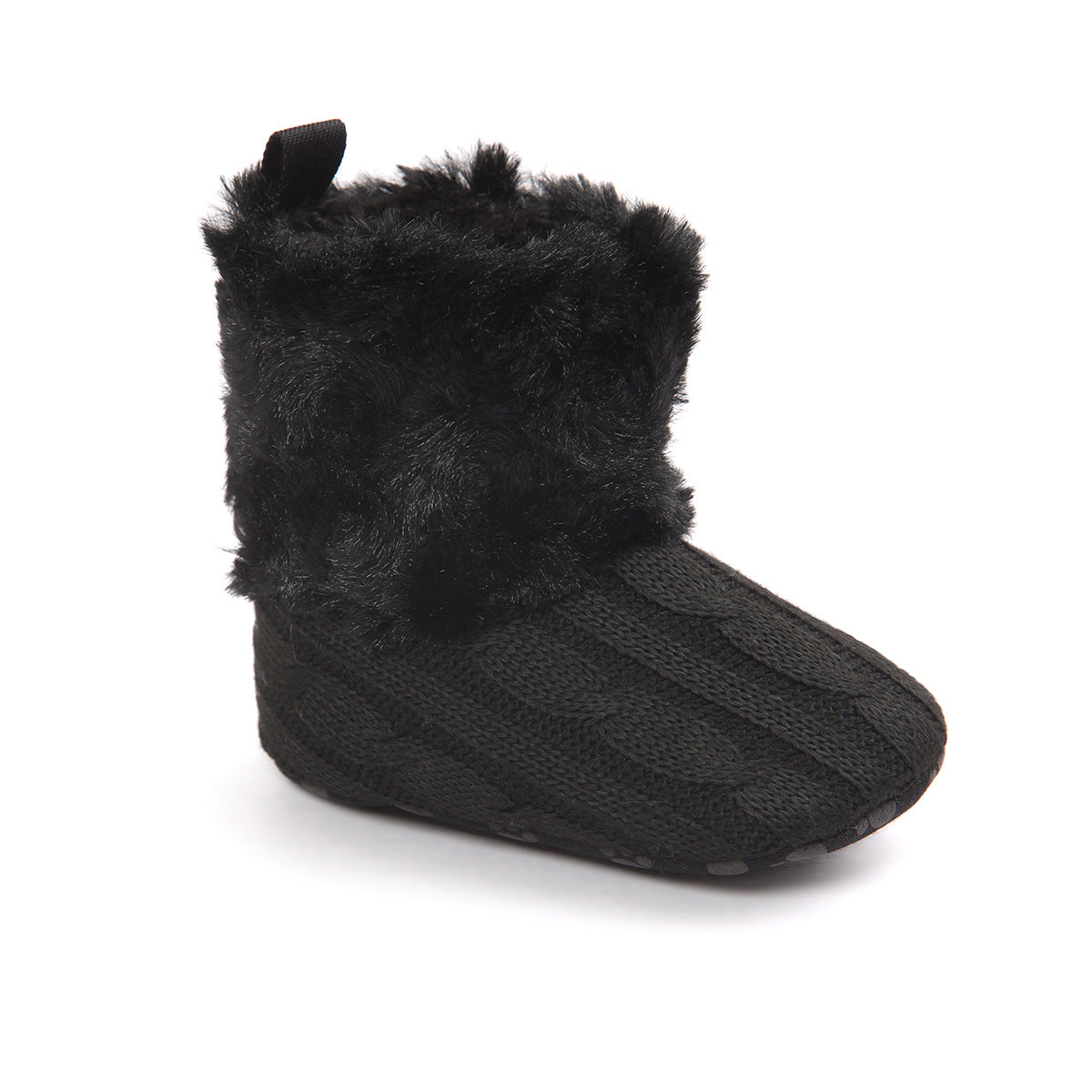 Black knitted baby boot with a faux fur cuff and textured sole, designed for warmth and comfort.