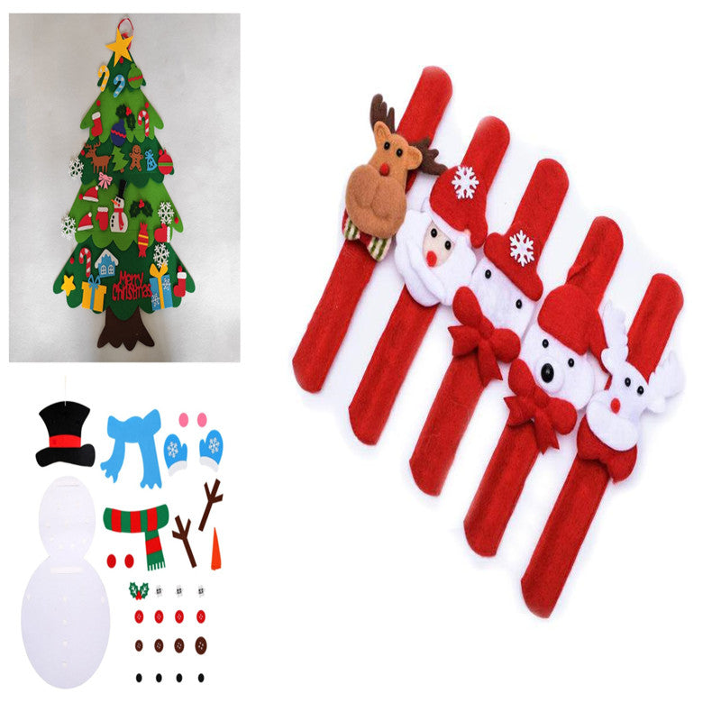 A felt Christmas tree with decorative ornaments, a snowman decor kit with accessories, and five red festive slap bracelets featuring reindeer, Santa, and snowman characters.