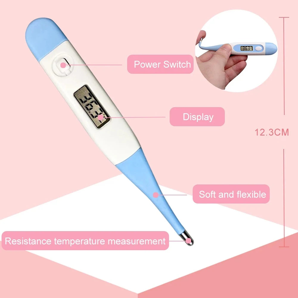 Digital thermometer with a blue flexible tip, power switch, and digital display. Measuring 12.3cm, it's ideal for resistance temperature measurement. Pink background.