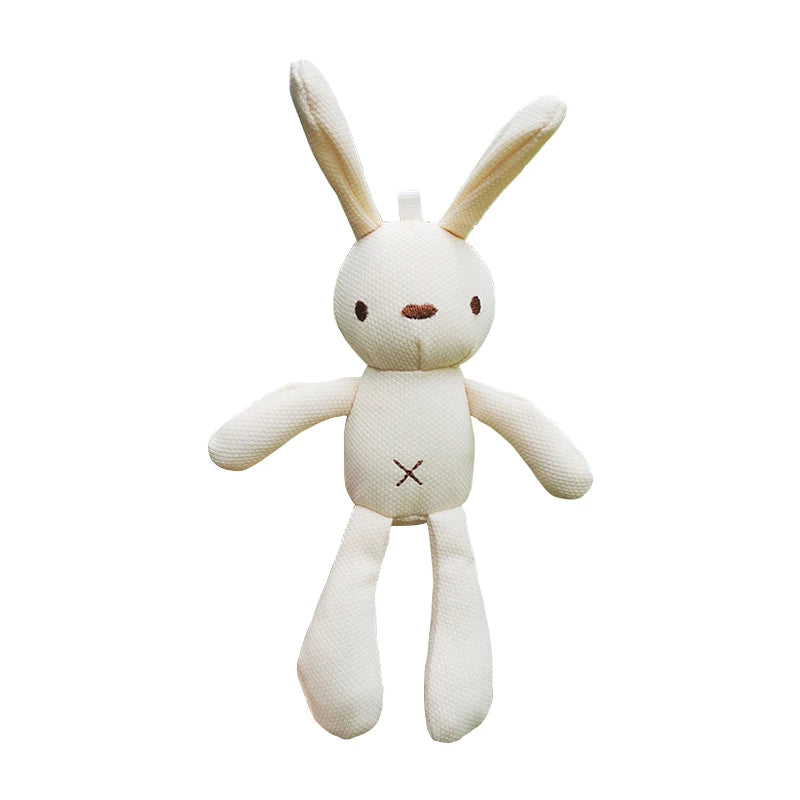 A soft, white plush bunny toy with long ears and simple stitched facial features, standing upright against a plain white background.