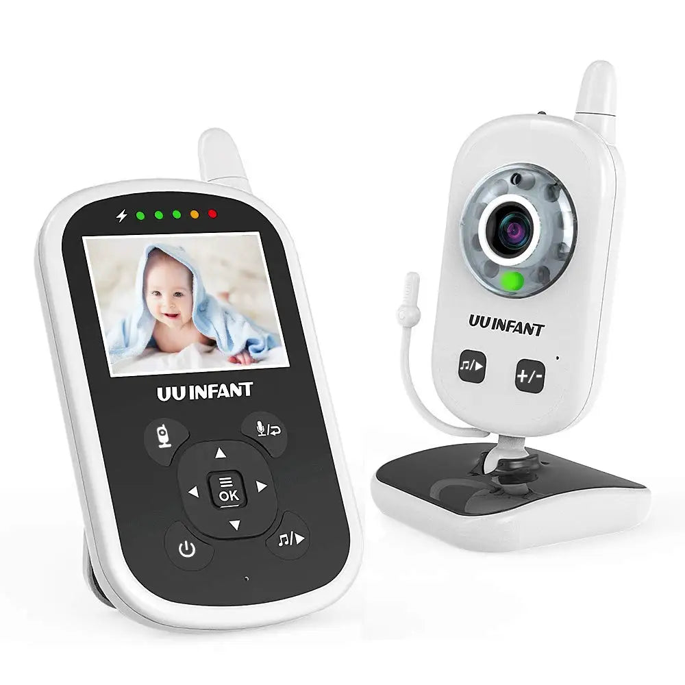 Baby monitor set with camera and handheld screen. The screen displays a baby wrapped in a blue blanket. Both devices have the "UU Infant" logo and control buttons.