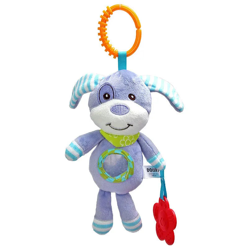 Purple plush dog toy with striped ears and a friendly smile, wearing a green bandana. It has an orange ring on top and a red flower teether hanging from its side.