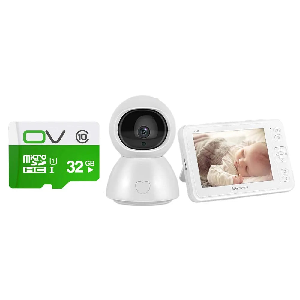 White baby monitor set with a camera, a display screen showing a sleeping baby, and a green 32GB microSD card.