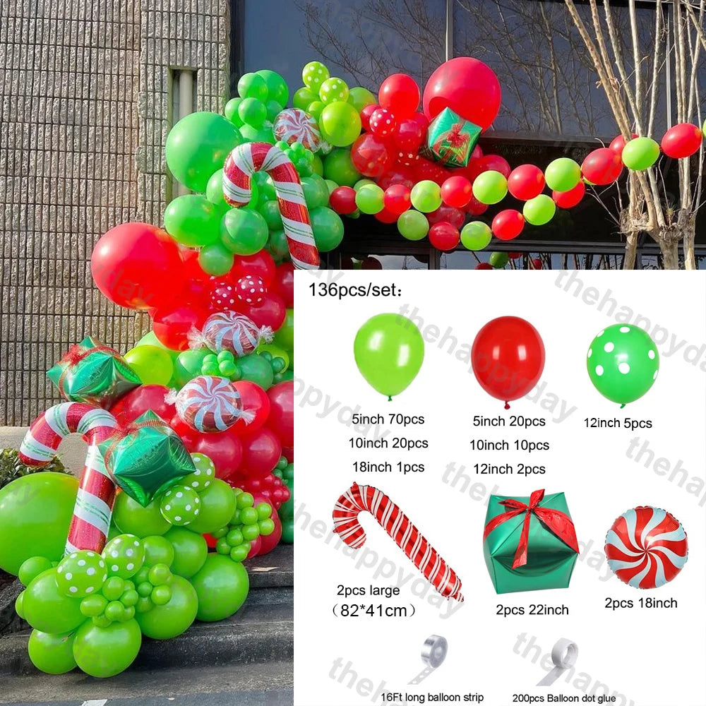 Festive balloon arch with red and green balloons, candy cane, and gift box accents. Includes a chart showing types and quantities of balloons in the 136-piece set.