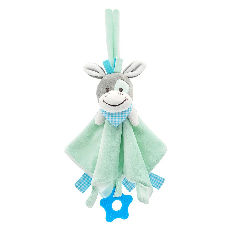 Soft baby comforter with a smiling donkey head, mint green fabric, blue gingham accents, and a blue teething star attached at the bottom. Two looped straps on top.