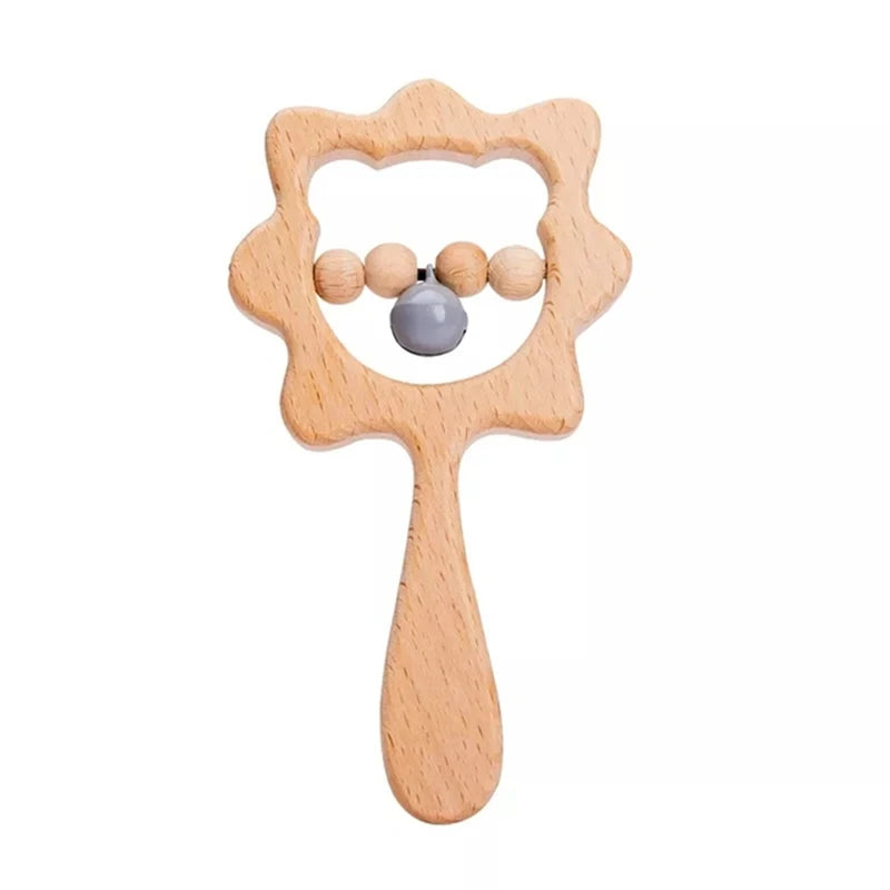 Wooden baby rattle with a flower-shaped frame and a handle. Inside, there are five wooden beads on a string, including one gray bead, making it ideal for sensory play.