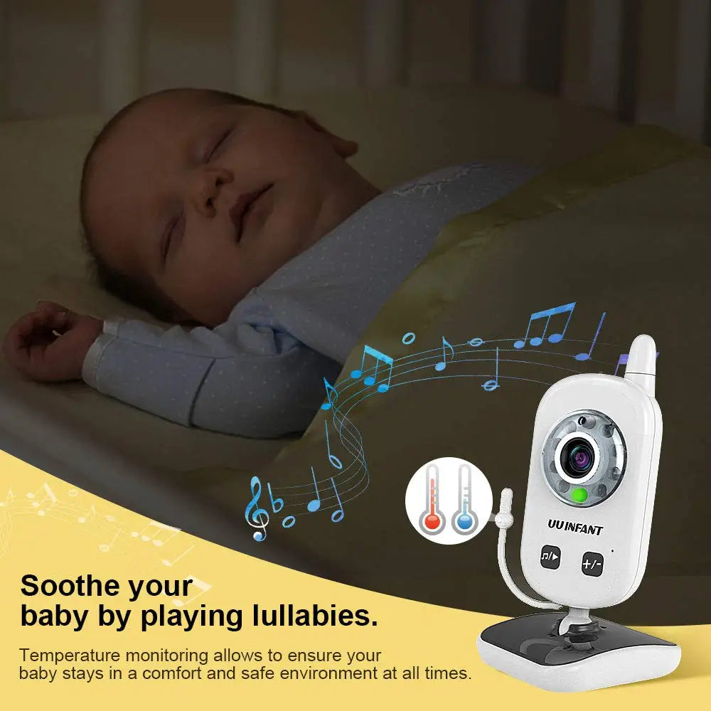 Baby peacefully sleeping in a crib. A baby monitor nearby features musical notes, highlighting its lullaby function. Text mentions soothing with music and temperature monitoring.