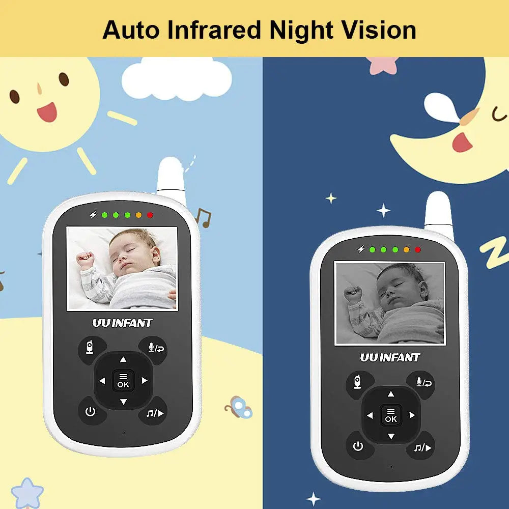 Baby monitor displaying a sleeping baby with features for day and night vision. The screen shows a clear photo during the day and a grayscale image at night with button controls.