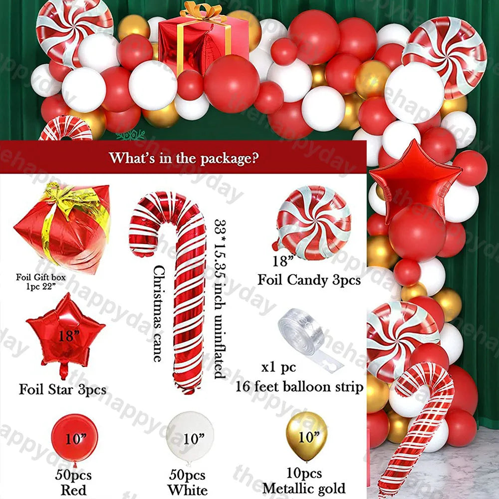 Festive balloon pack with red, white, and gold balloons, candy cane and gift-shaped foils. Includes foil gift box, candy, stars, and balloon strip for decoration.