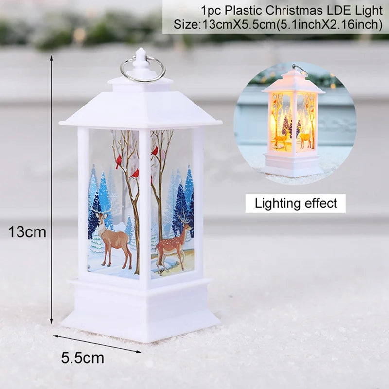White plastic Christmas lantern with winter scene of deer and cardinals. Lantern measures 13cm x 5.5cm. A smaller inset shows the lantern illuminated with a warm light.