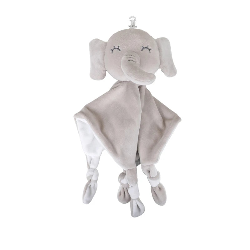 Gray plush toy with an elephant head and long ears. The blanket-like body has knots at the end of each limb, featuring a soft, cozy texture and embroidered eyes.