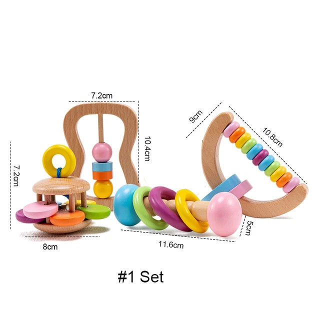 Colorful wooden baby toys set with geometric shapes and beads. Includes a rattle with rings and a bead arch. Dimensions are shown for each toy.