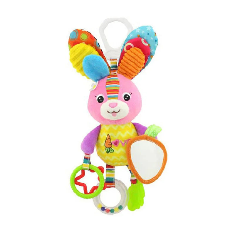 Colorful plush rabbit toy with textured ears, carrot detail, and attached teething rings and mirror. Ideal for sensory development and fun for babies.