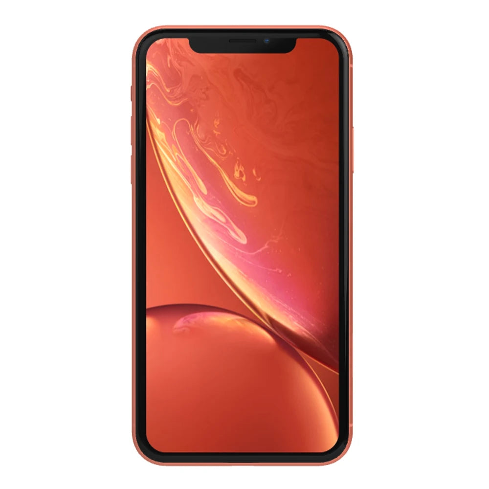 A smartphone with a vibrant orange and pink abstract wallpaper on the screen, featuring a prominent notch at the top. The phone has a thin bezel and a sleek design.